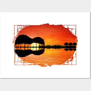 guitar island sunset Posters and Art